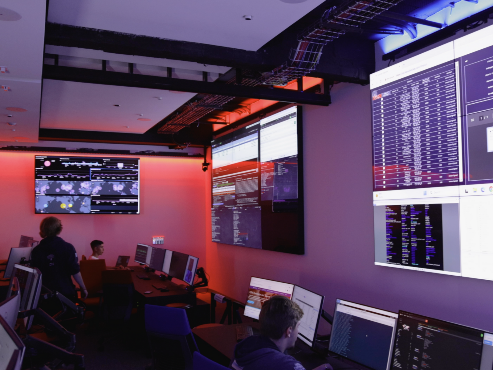 Students monitor real-time cyber activity inside the Bunker